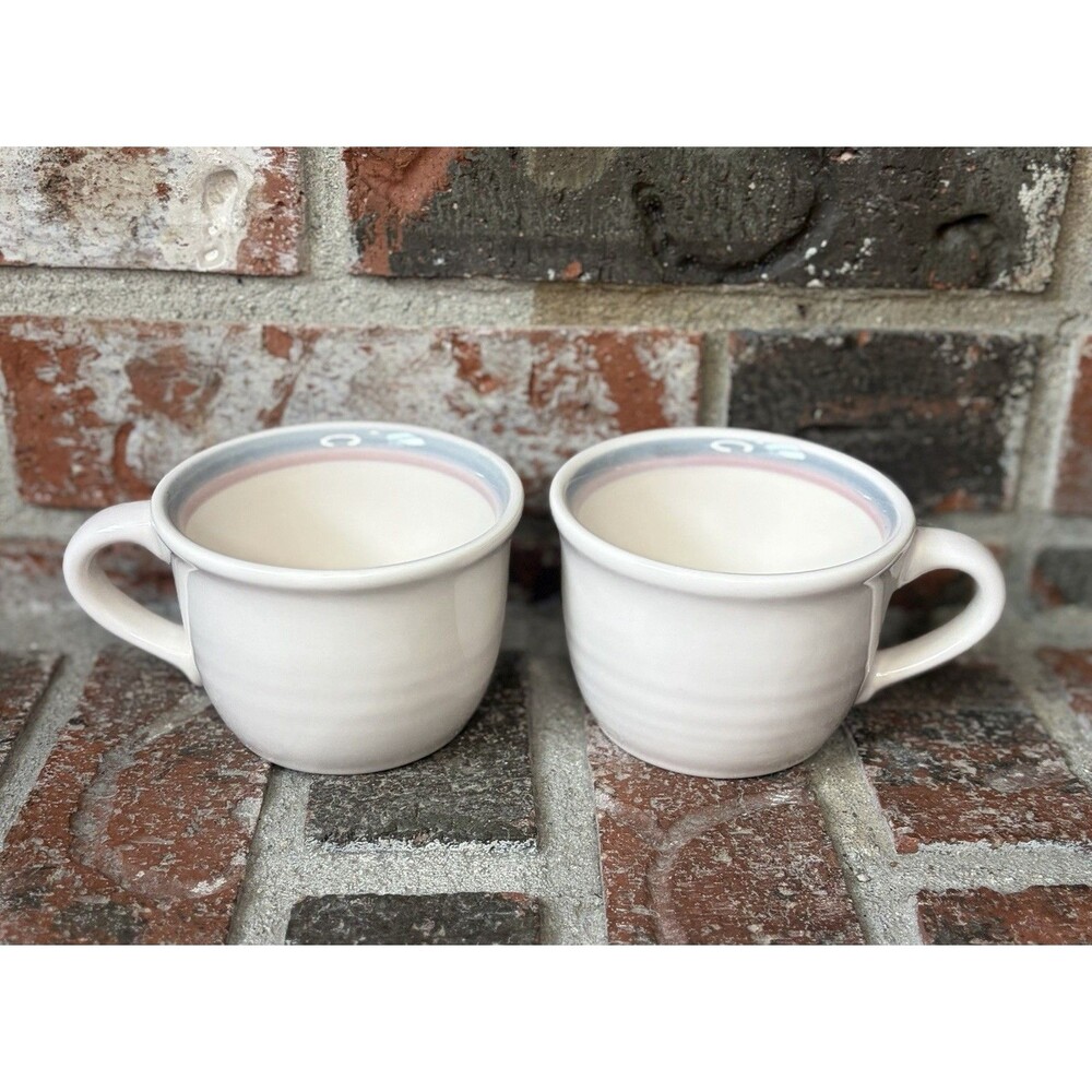 2-Pfaltzgraff Aura Pink Blue Bands Coffee Mug Replacement Stoneware VintageUSA